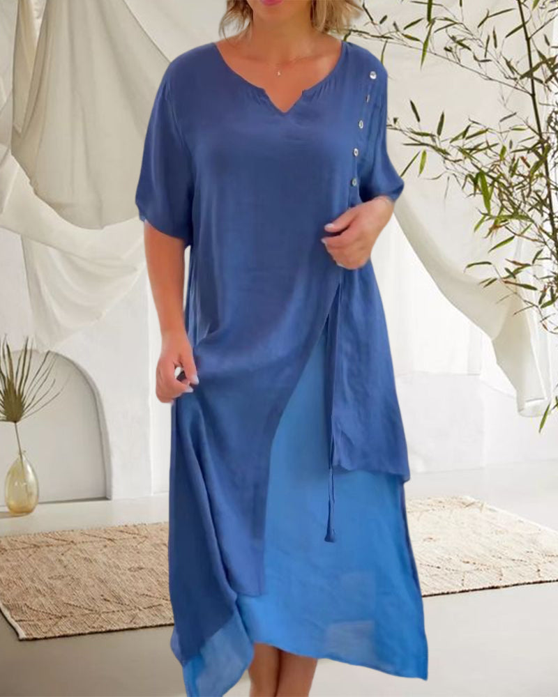 GR | Asymmetrisches Kleid mit kurzen Ärmeln und V-Ausschnitt