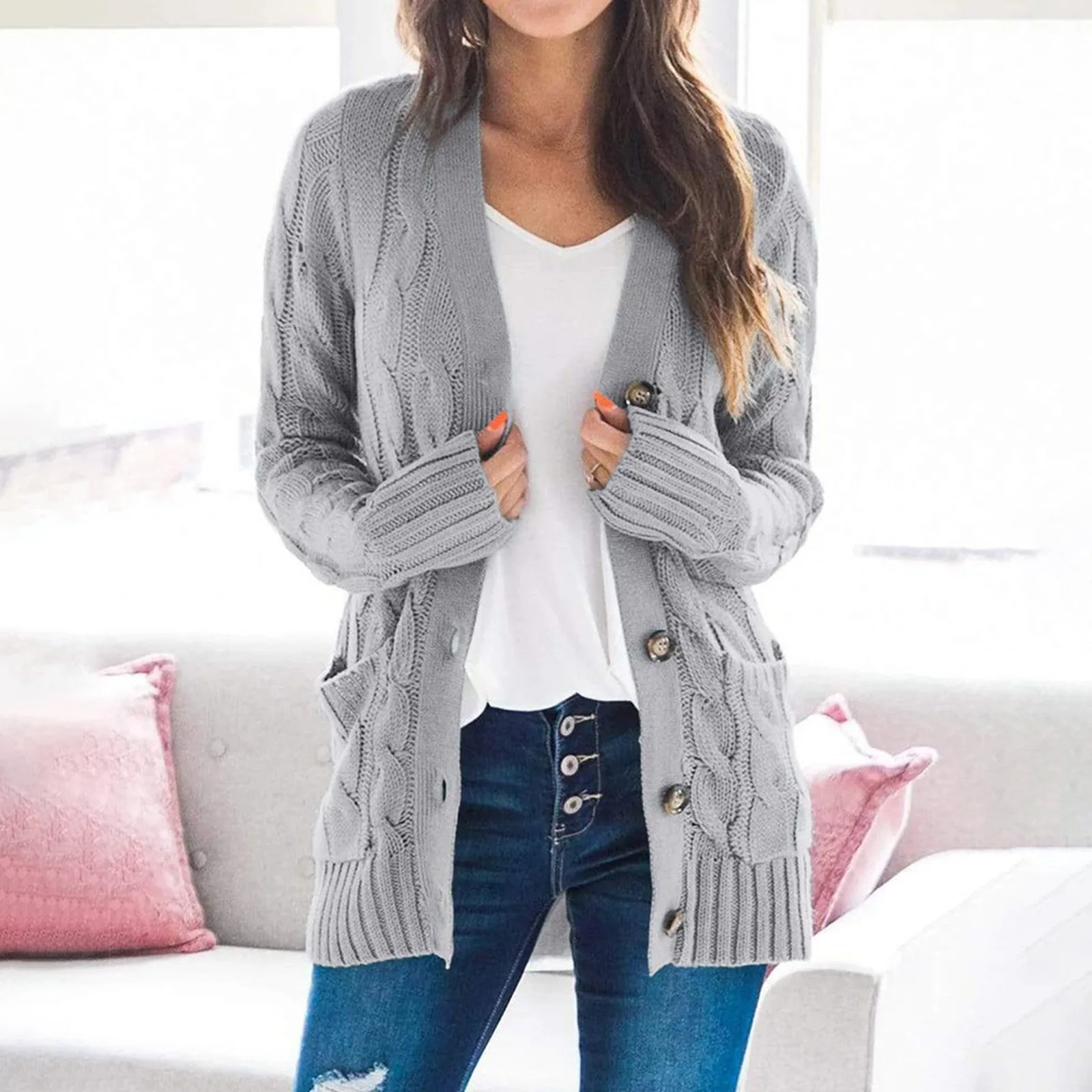 GR | Stylische Lange Strickjacke Für Damen Mit Knopfleiste