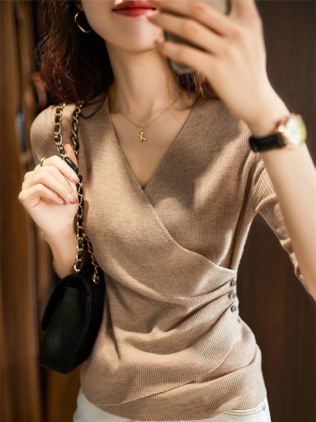 GR | Casual V-neck solid color knit top green 