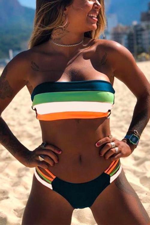 GR | Rosiedress Rainbow Striped Tube Top Bandeau Bikini Set
