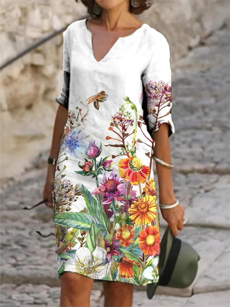 GR | Charming linen dress with floral print
