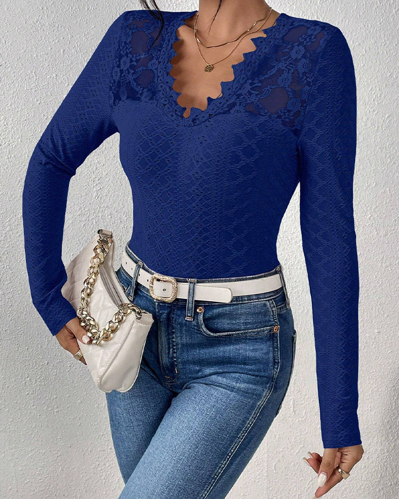 GR | Long-sleeved top, V-neck, Spetspanel