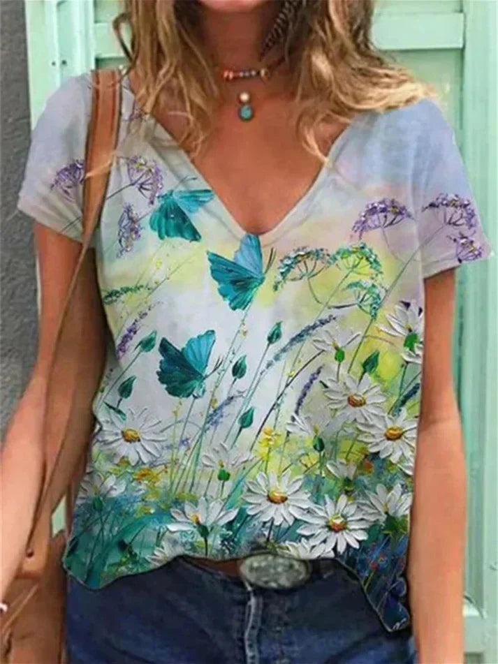 GR | Shirt Mit V-ausschnitt Malerei Blumenkunst