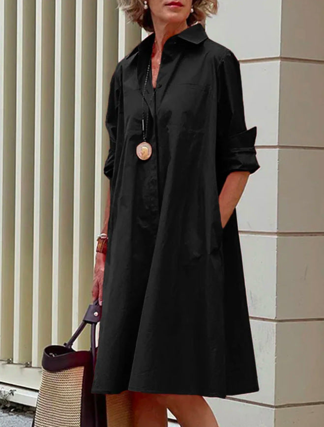 GR | Shirt dress with turn-down collar & three-quarter sleeves