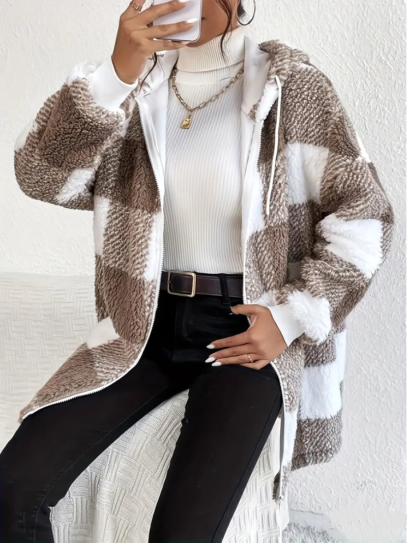 GR | Kariert Teddy Hoodie Jacke | Warm und Bequem für den Winter