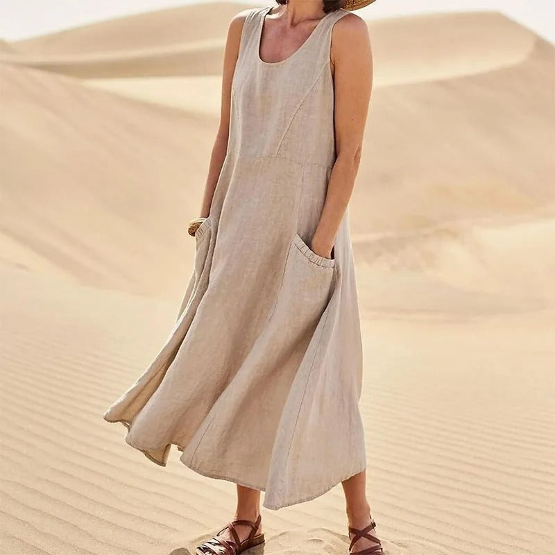 GR | Sleeveless Linen Dress with Pockets for Women