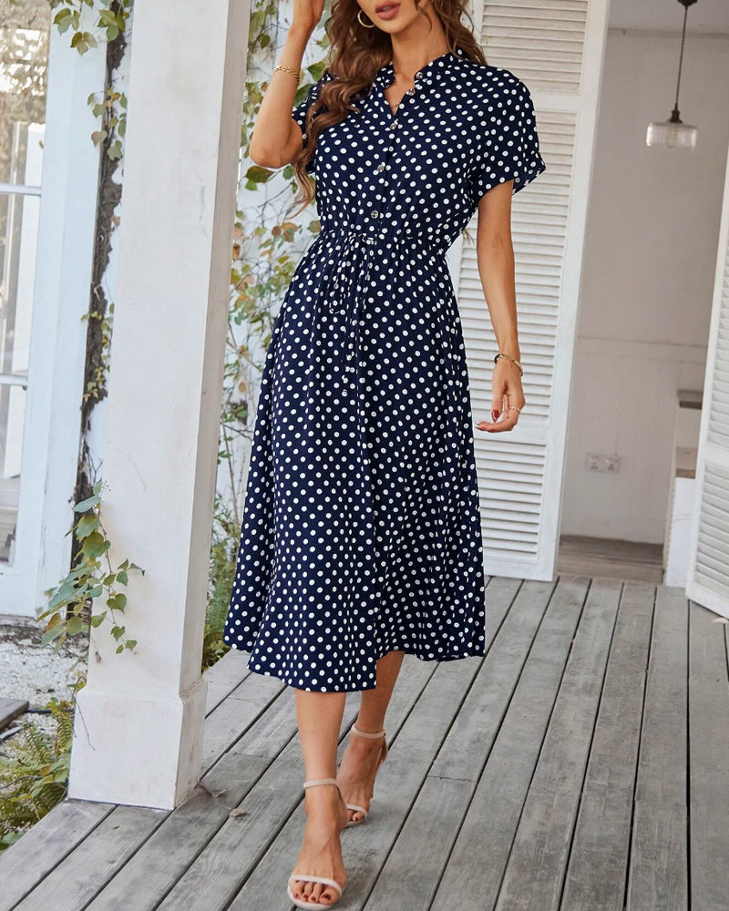 GR | Punkte-Muster Kleid mit Bindeband und Knöpfen
