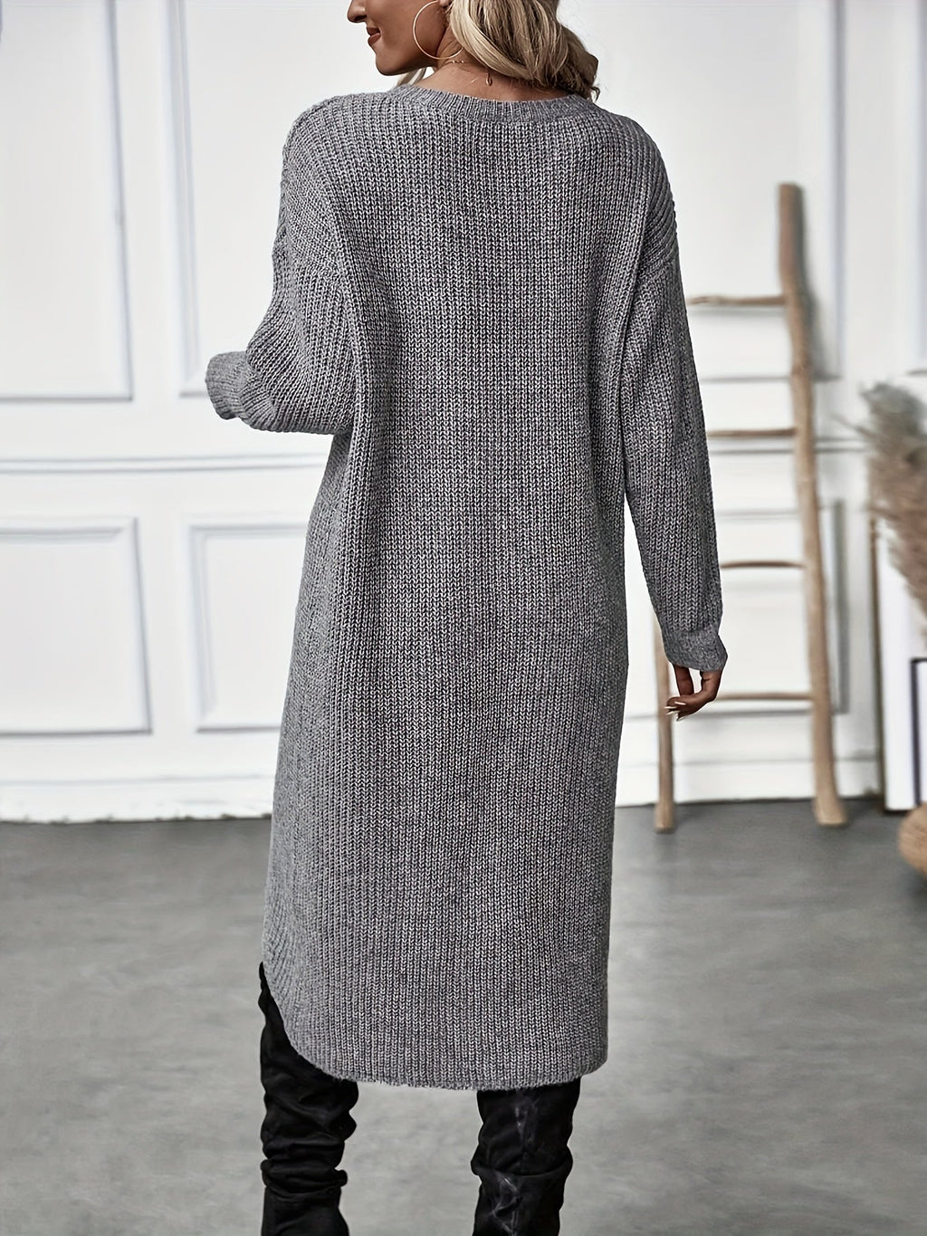 GR Graue asymmetrische Saum Langarm-Cardigan-Kleid