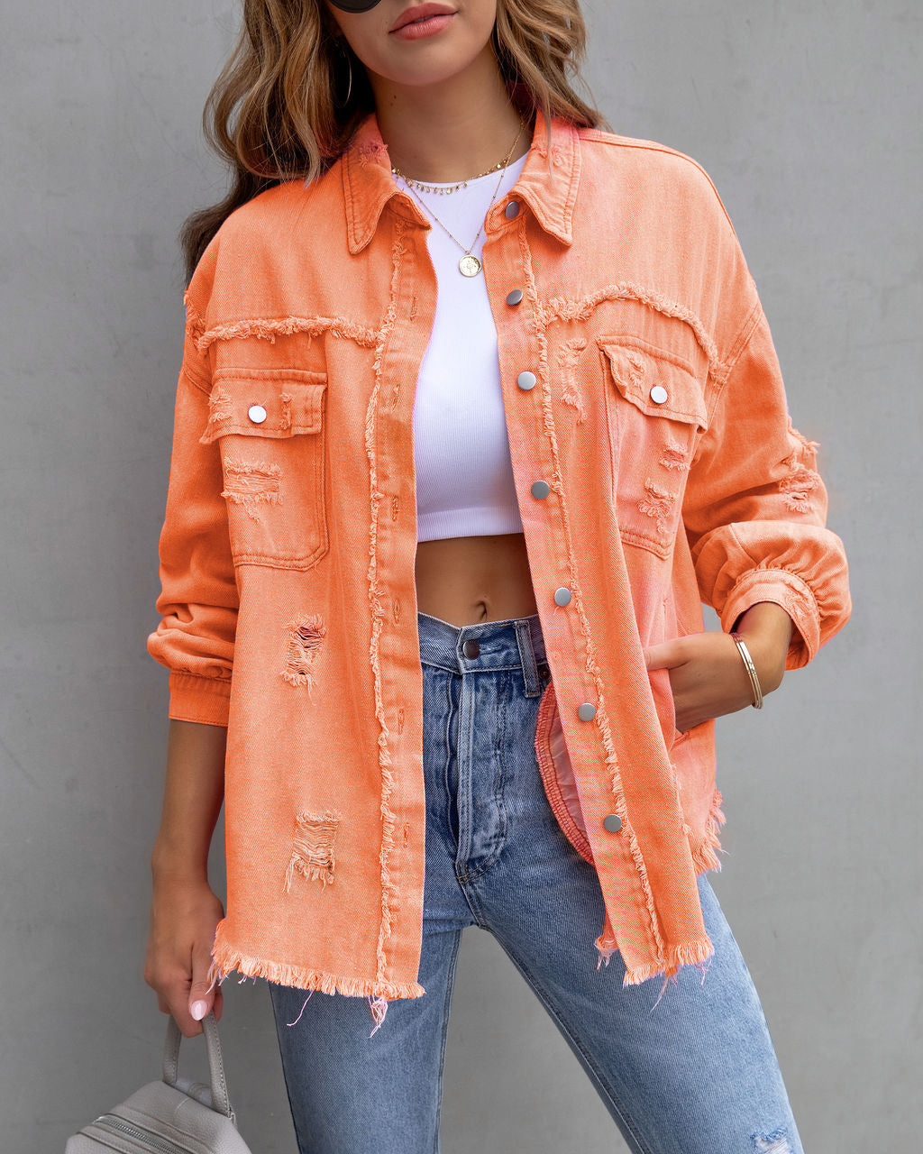 GR ripped shirt jacket, women's autumn and spring casual tops, women's clothing