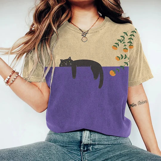 GR | Zweifarbige Katzen-Grafik-T-Shirt für Damen