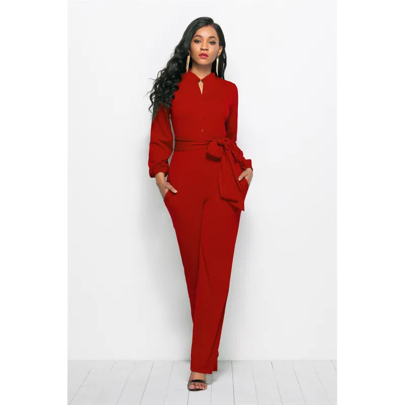 GR | A-line jumpsuit with belt and V-neck