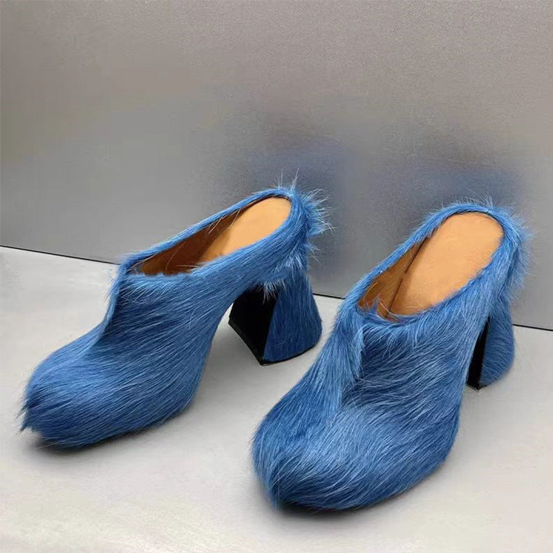 GR | Closed Toe Horsehair Chunky Heel Waterproof Platform Slippers