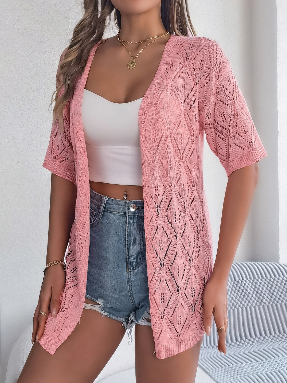 GR | Durchbrochene Offene Front Halbarm-Cardigan