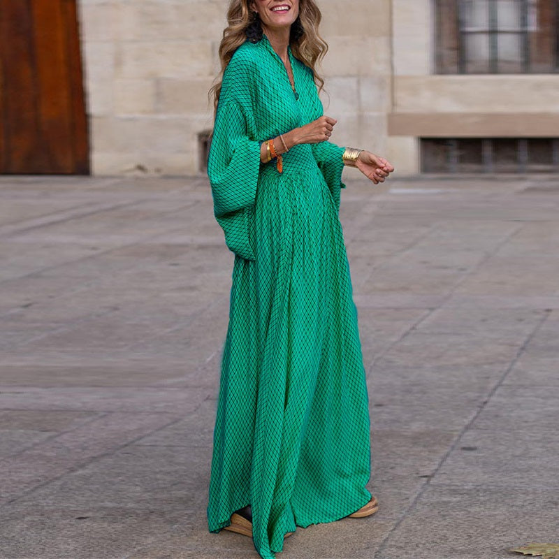 GR | Langarm V-Ausschnitt Kleid Lockere Passform Taillierte Silhouette Fließender Saum Eleganter Stil