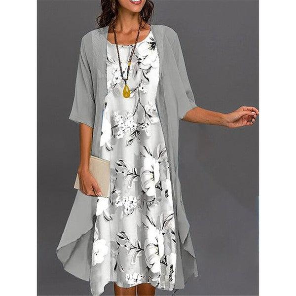 GR | Graues Bedrucktes Midikleid mit Oberbekleidung