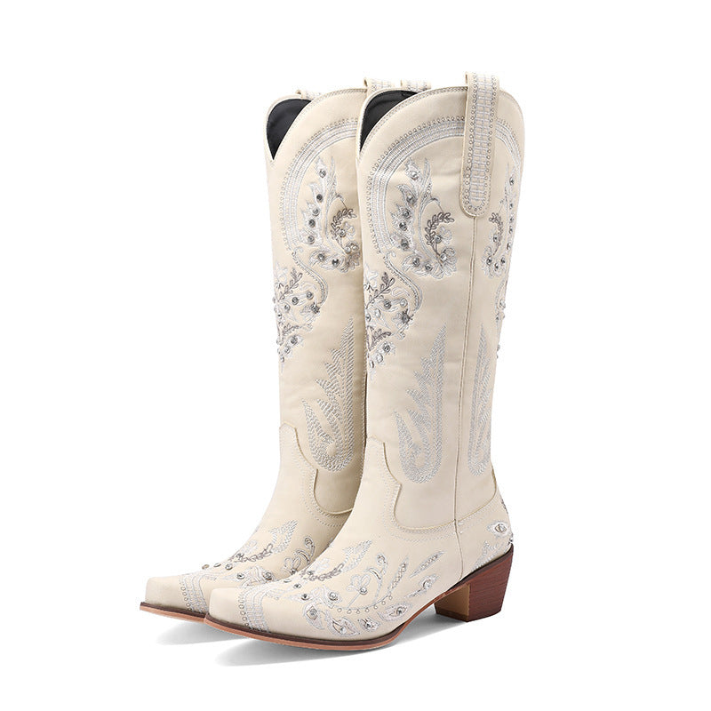 GR | Embroidered Western Denim Retro Women's Knee-Length Boots