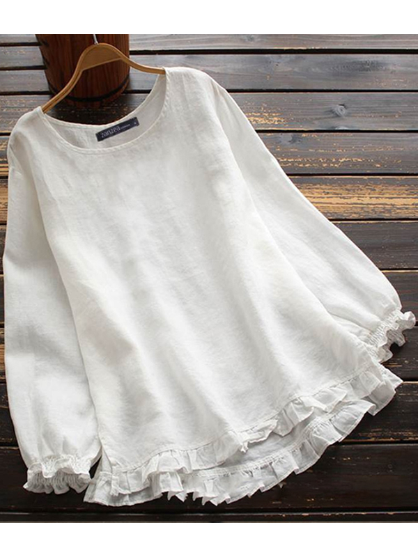 GR | O-neck Solid color Long sleeves Ruffled Linen Tops