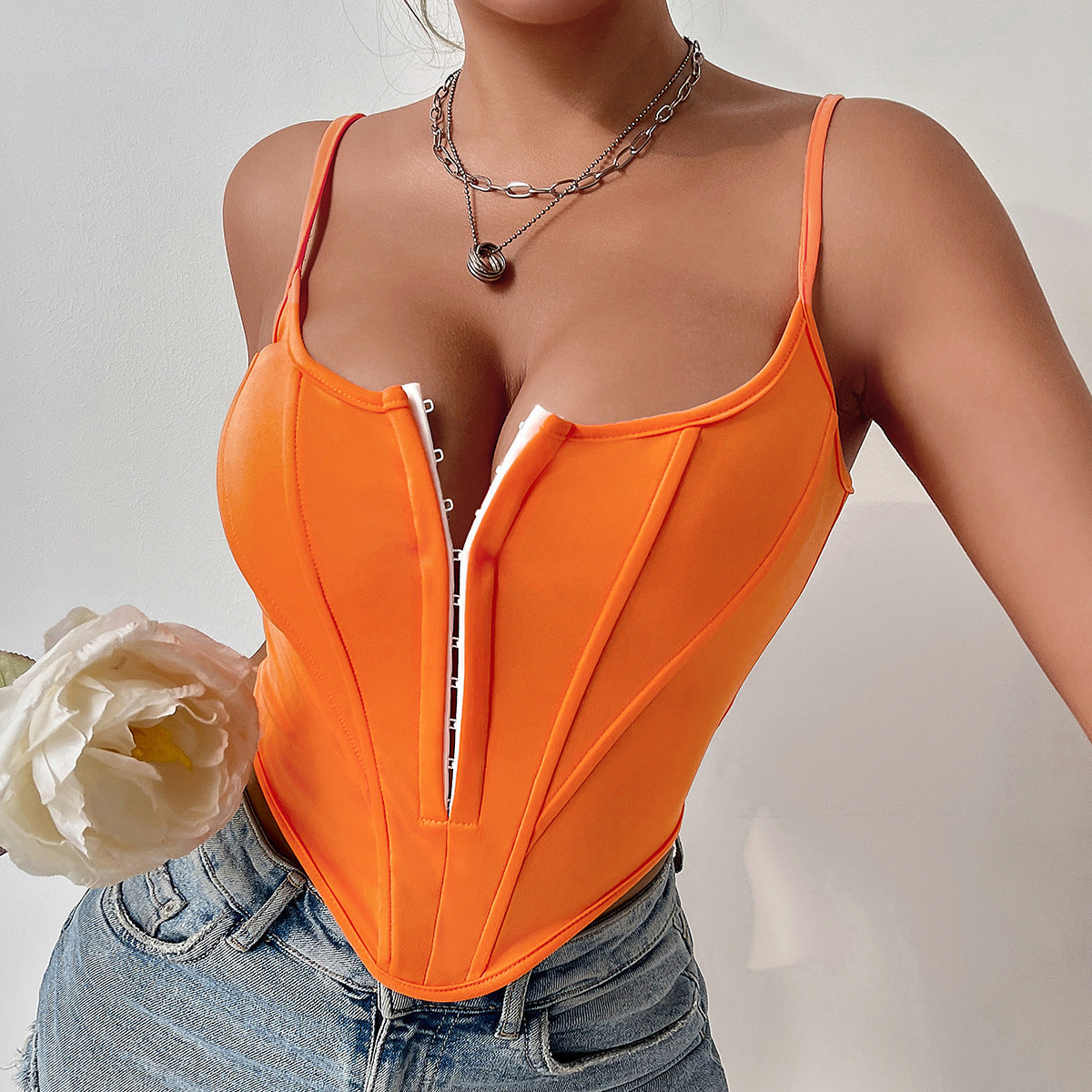 GR | Single-breasted sling crop corset tank summer fashion slim spaghetti strap top for women's clothing