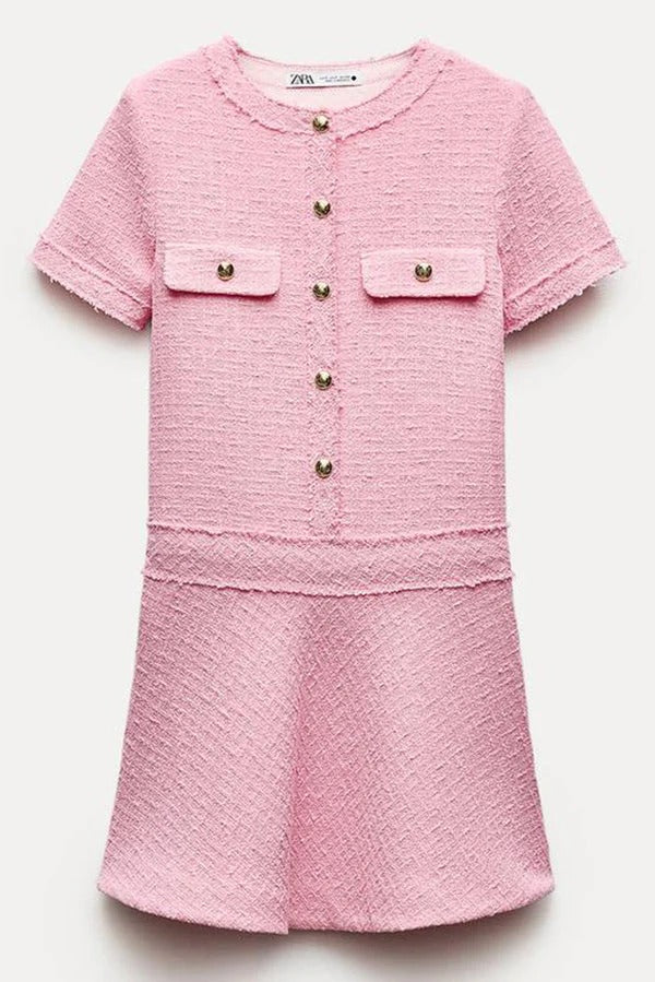 GR | 1960Er London Girl Tweed-Texturiertes Kurzärmliges Kleid mit Goldknöpfen und Taschen