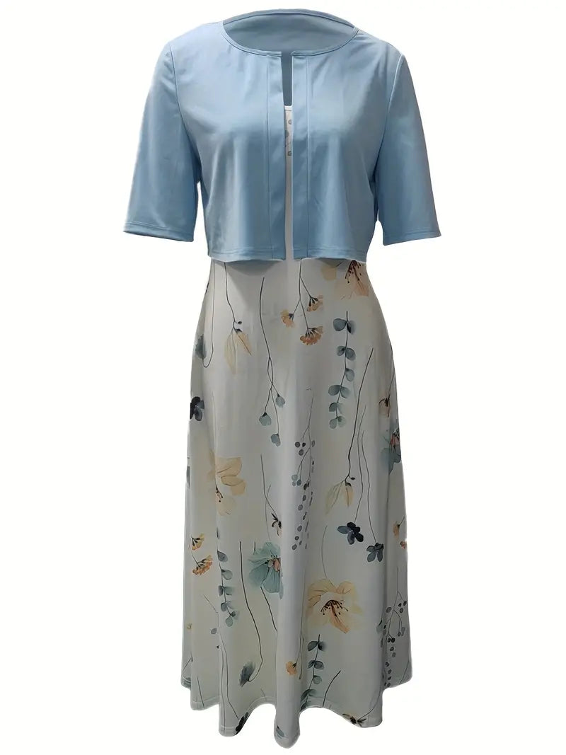 GR | Elegante Zweiteilige Blumenkleid-Set mit Einfarbigem Crop-Top und Rundhalskleid