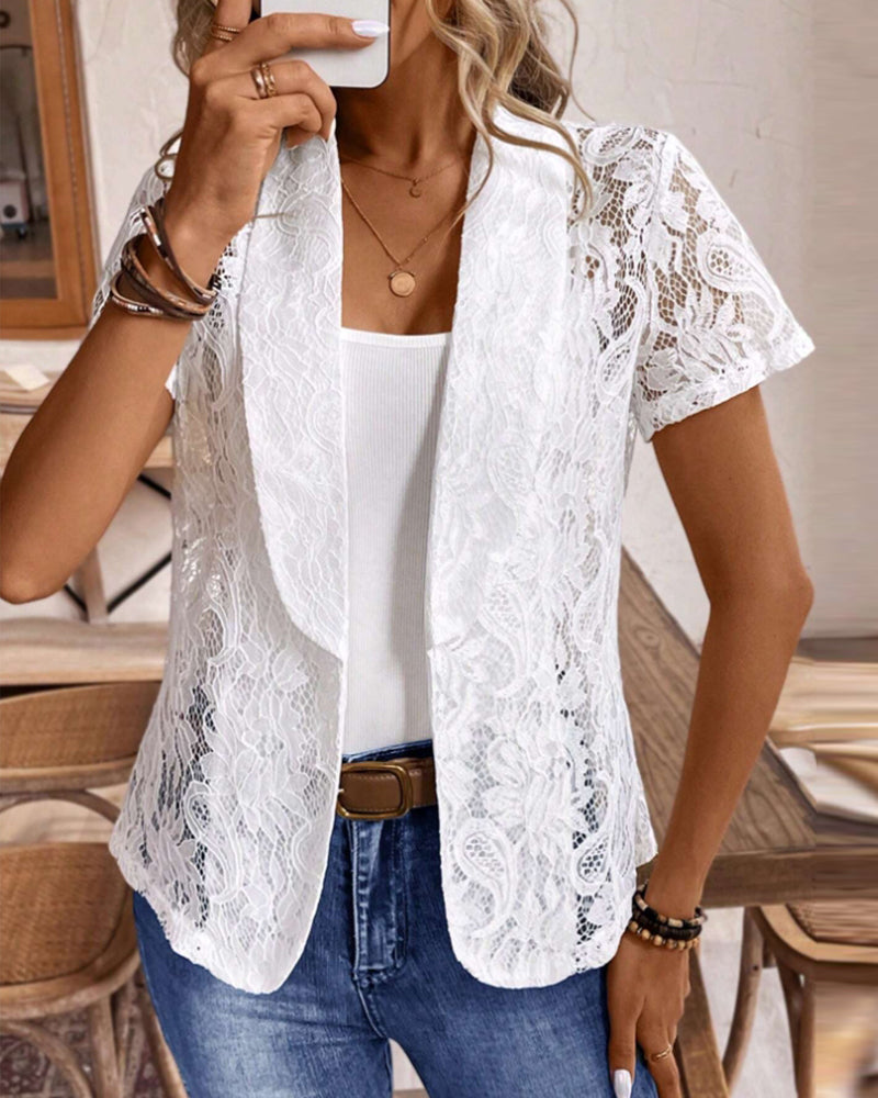 GR | White short-sleeved lace blazer with lapels