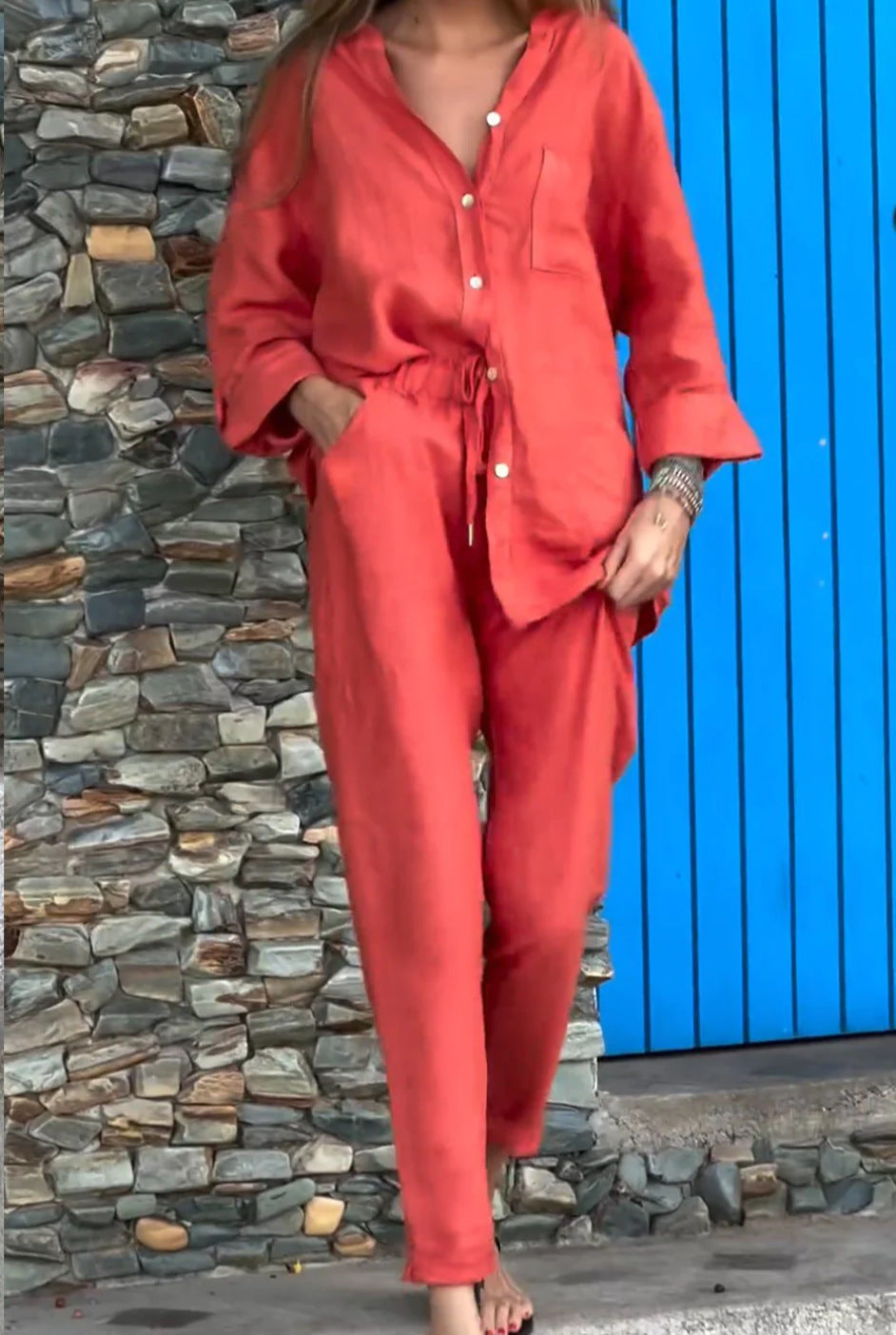 V-neck shirt and cotton trousers