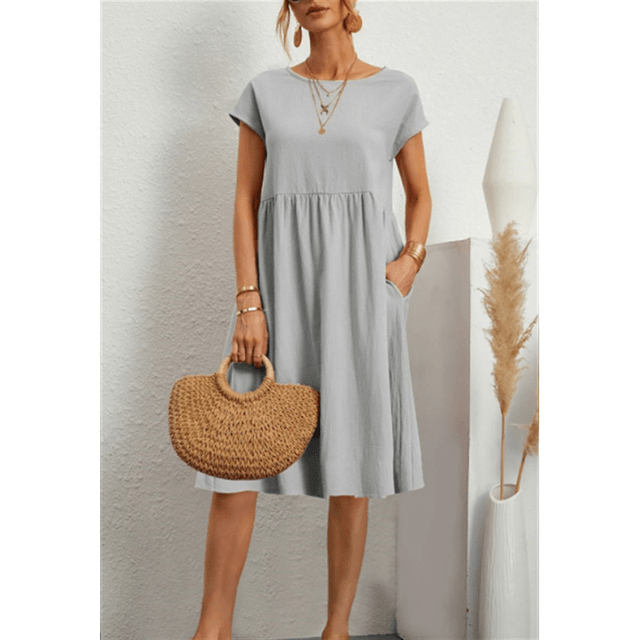 GR | Baumwolle Leinen Kurzarm Midi Kleid