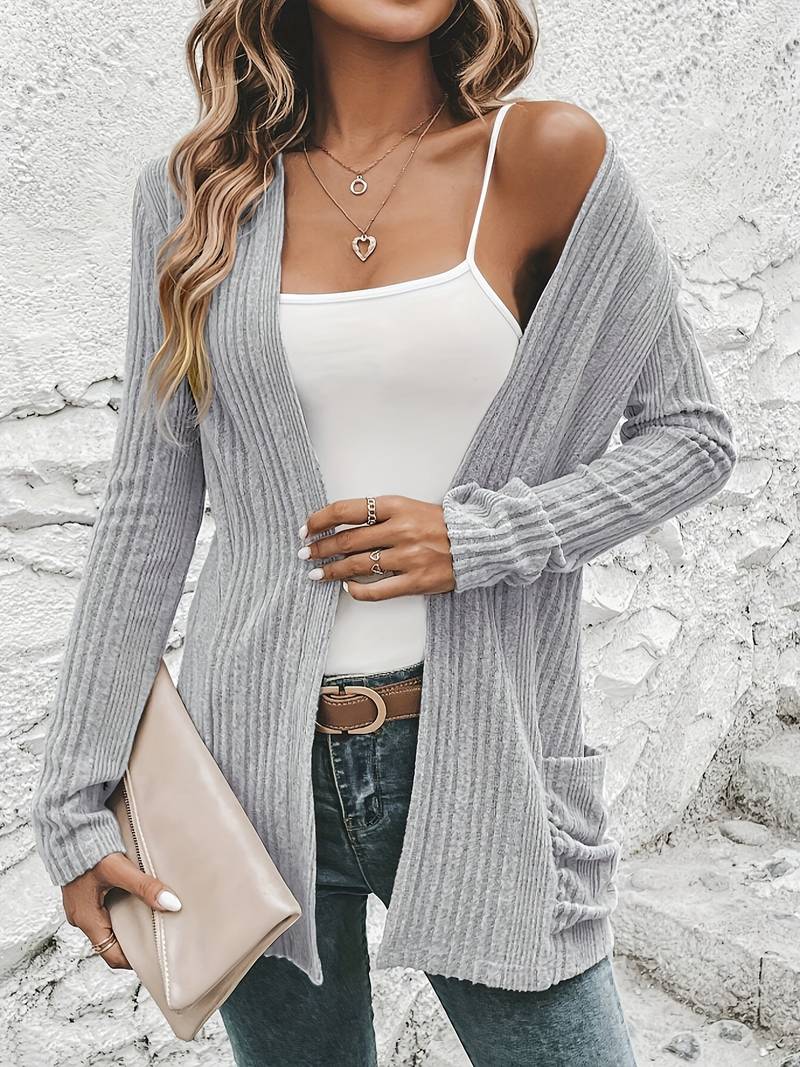GR | Langärmliger Strickjacke Mit Offener Vorderseite Und Zwei Taschen
