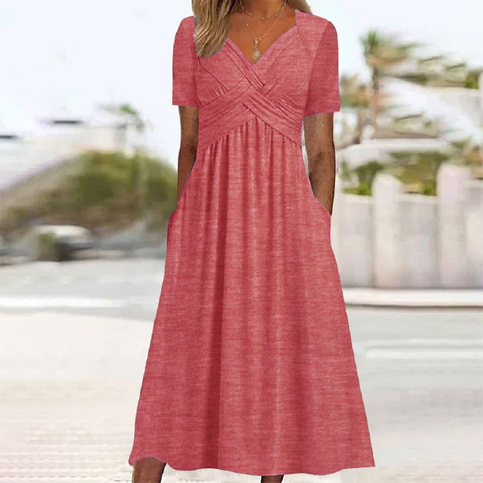 GR | Blaues, Schlichtes Midikleid Mit V-ausschnitt