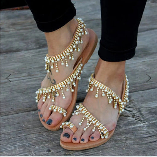 GR | Orthopedic Sandals Flat Pearl Comfortable String Pearl Slippers 