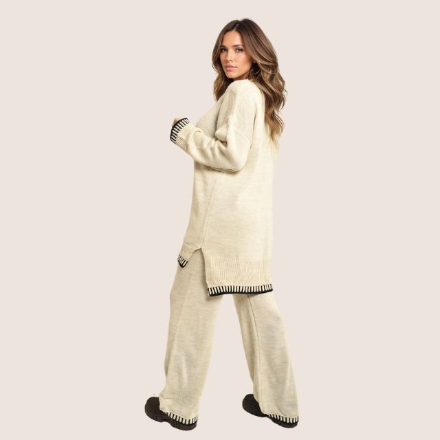 GR | Schickes Strick-Loungewear-Set mit Kontrastbesatz