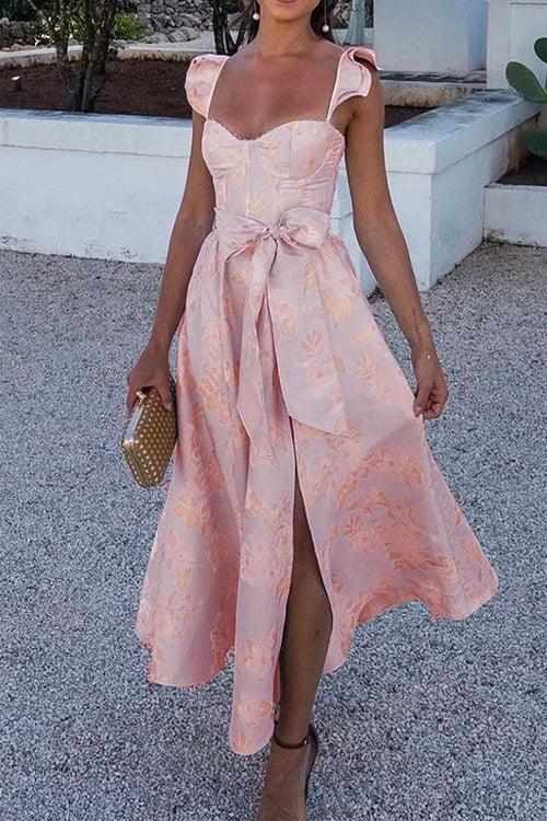 GR | Rosiedress Rüschenschulter Schleife Knoten Taille Schlitz Bedrucktes Vintage Party Kleid