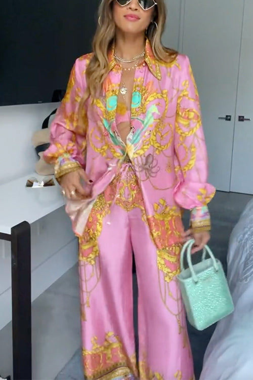 GR | Rosiedress Unique Print Lantern Long Sleeve Blouse Shirt and Wide Leg Trousers Holiday Outfit Set 