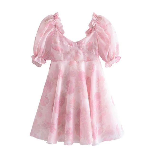 GR | Organza-Kleid mit Blumenmuster und Puffärmeln sowie Herzausschnitt