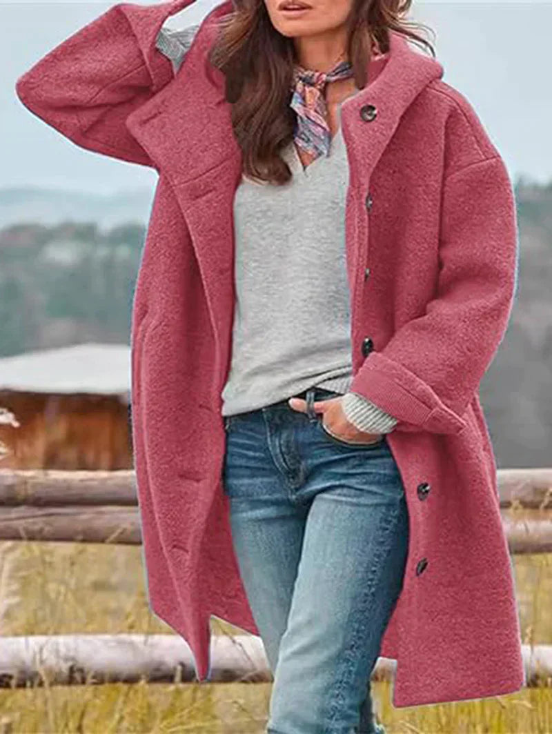 Long-sleeved, single-breasted, loose-fitting coat with a turn-down collar