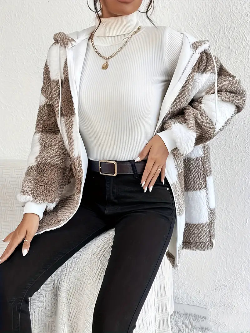 GR | Kariert Teddy Hoodie Jacke | Warm und Bequem für den Winter