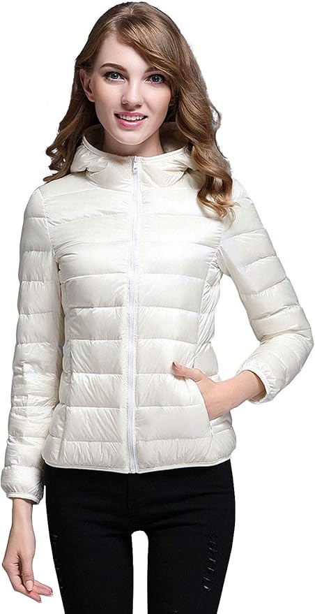 GR | Women's Winter Down Jacket with Hood, White and Black - Foldable Down Jacket
