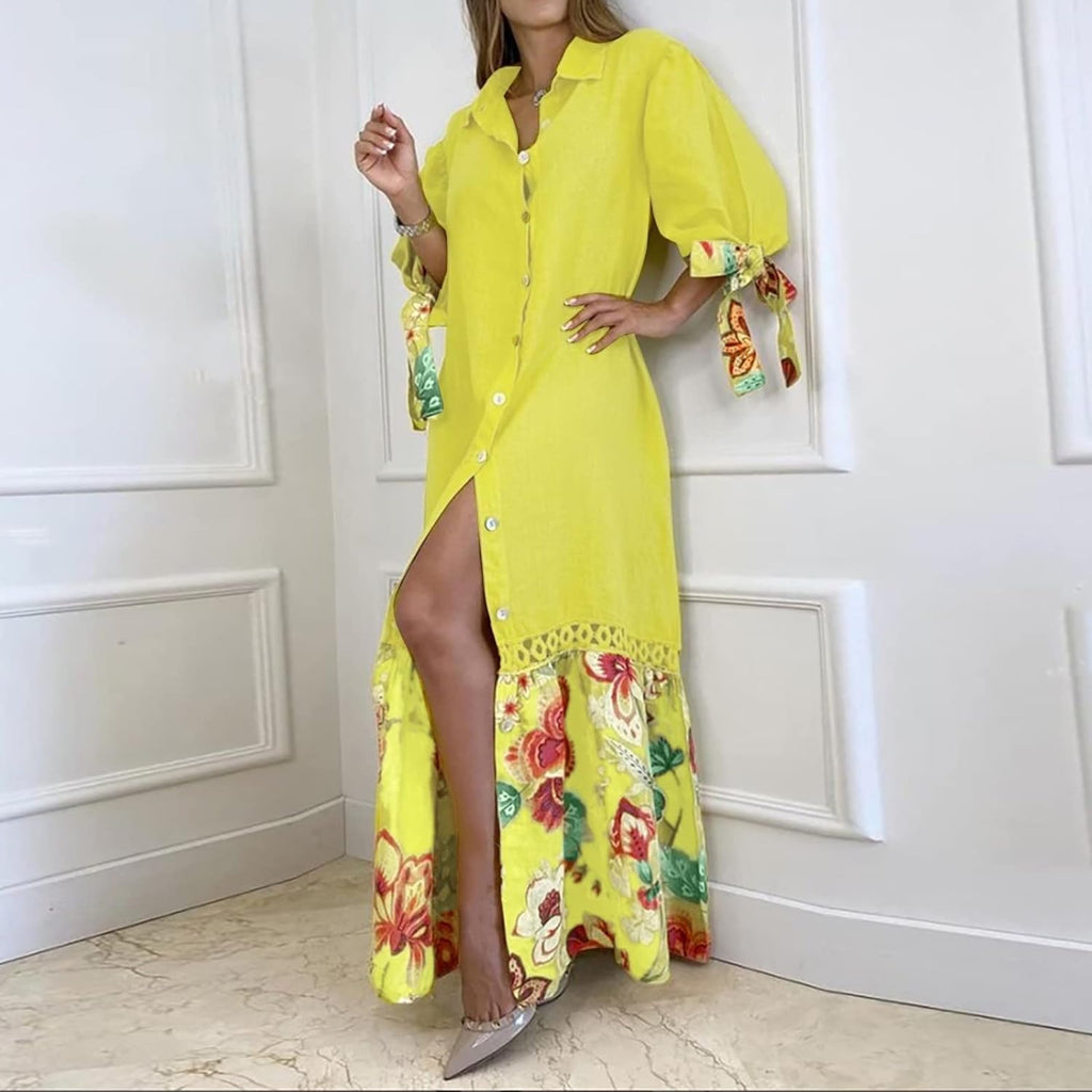 GR | Maxi dress with button placket and floral pattern at the hem