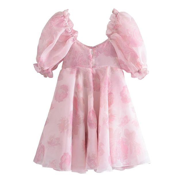 GR | Organza-Kleid mit Blumenmuster und Puffärmeln sowie Herzausschnitt