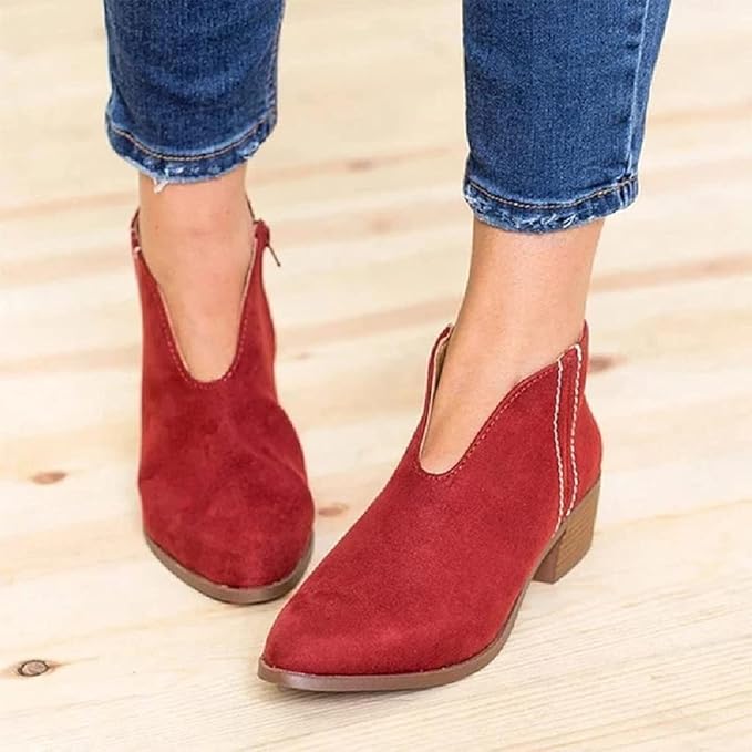 GR | Women's suede ankle boots with low block heel, V-shaped design, zipper
