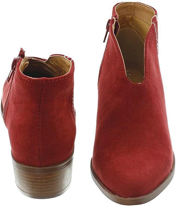 GR | Women's suede ankle boots with low block heel, V-shaped design, zipper