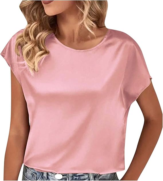Women's satin T-shirt with an elegant waterfall neckline and simple details, size S