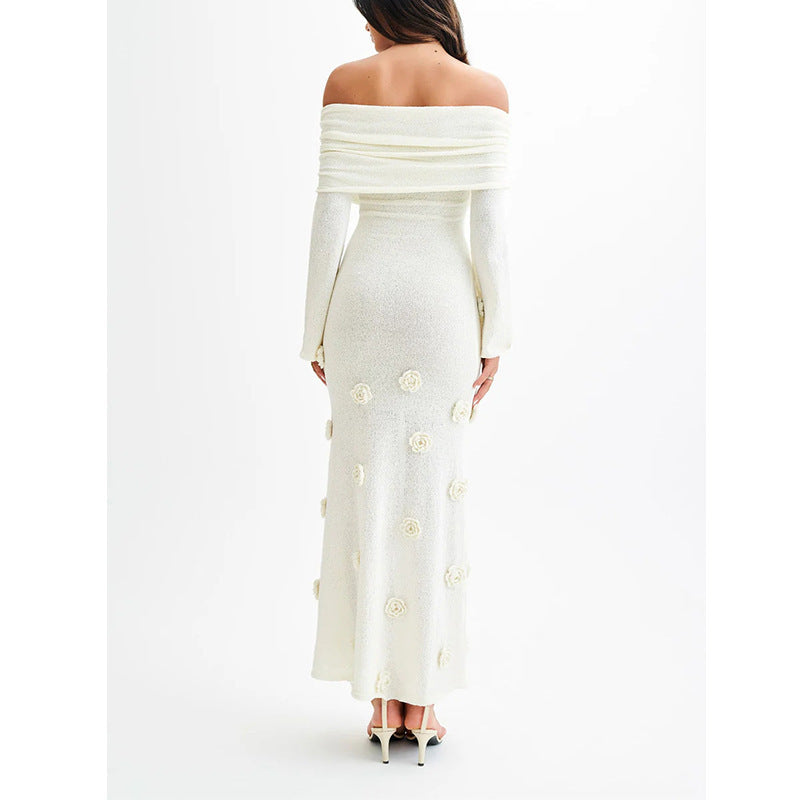 GR | Three-dimensional floral dress with off-the-shoulder knit