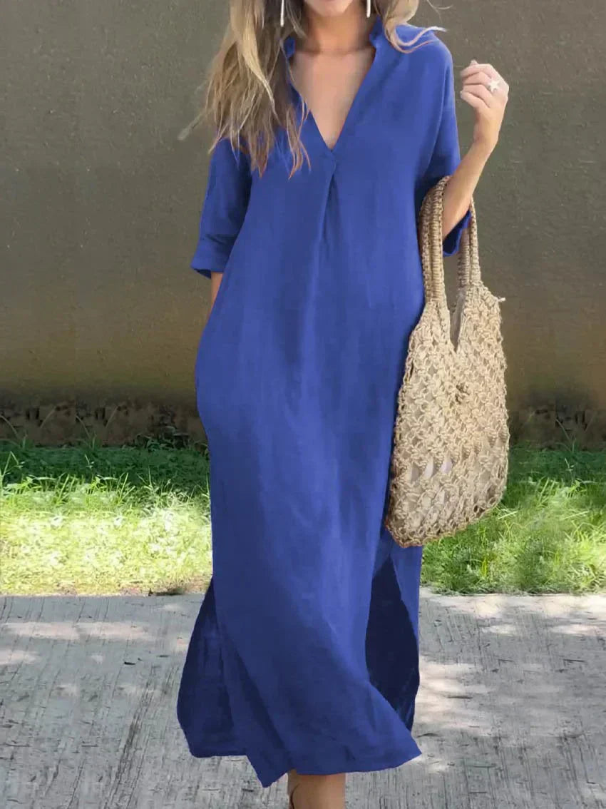 GR | Schlichte Leinenkleid mit V-Ausschnitt und Tasche