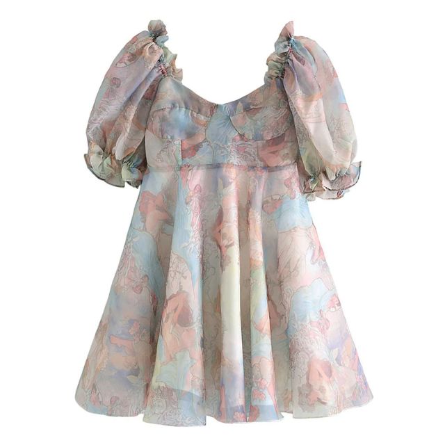 GR | Organza-Kleid mit Blumenmuster und Puffärmeln sowie Herzausschnitt