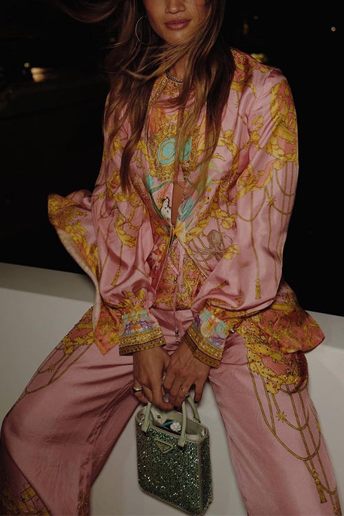 GR | Rosiedress Unique Print Lantern Long Sleeve Blouse Shirt and Wide Leg Trousers Holiday Outfit Set 