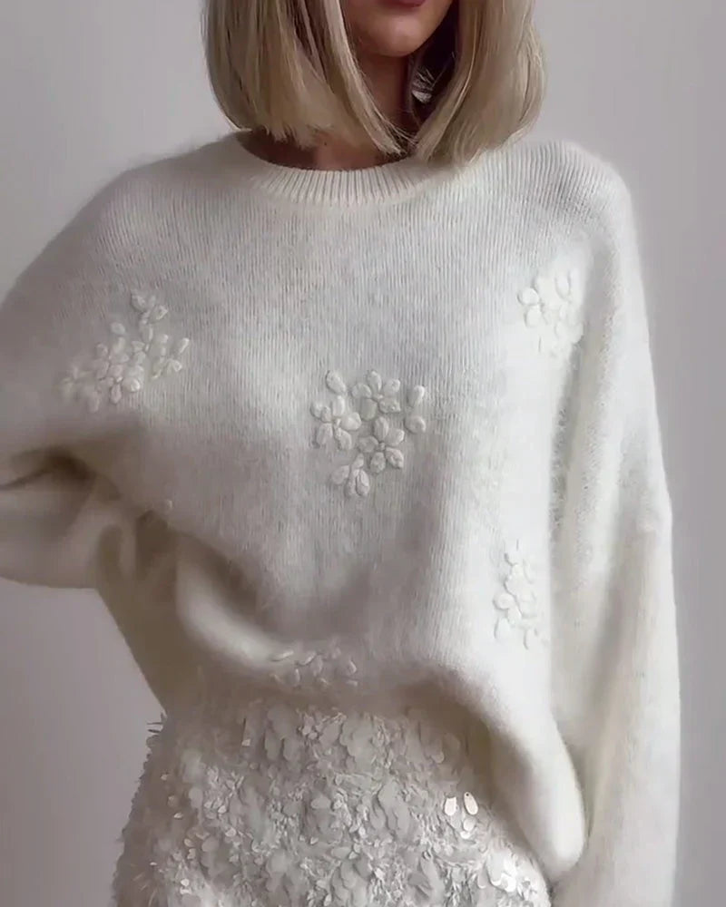 GR | Eleganter Pullover Aus Besticktem Blumenstrick Für Frauen