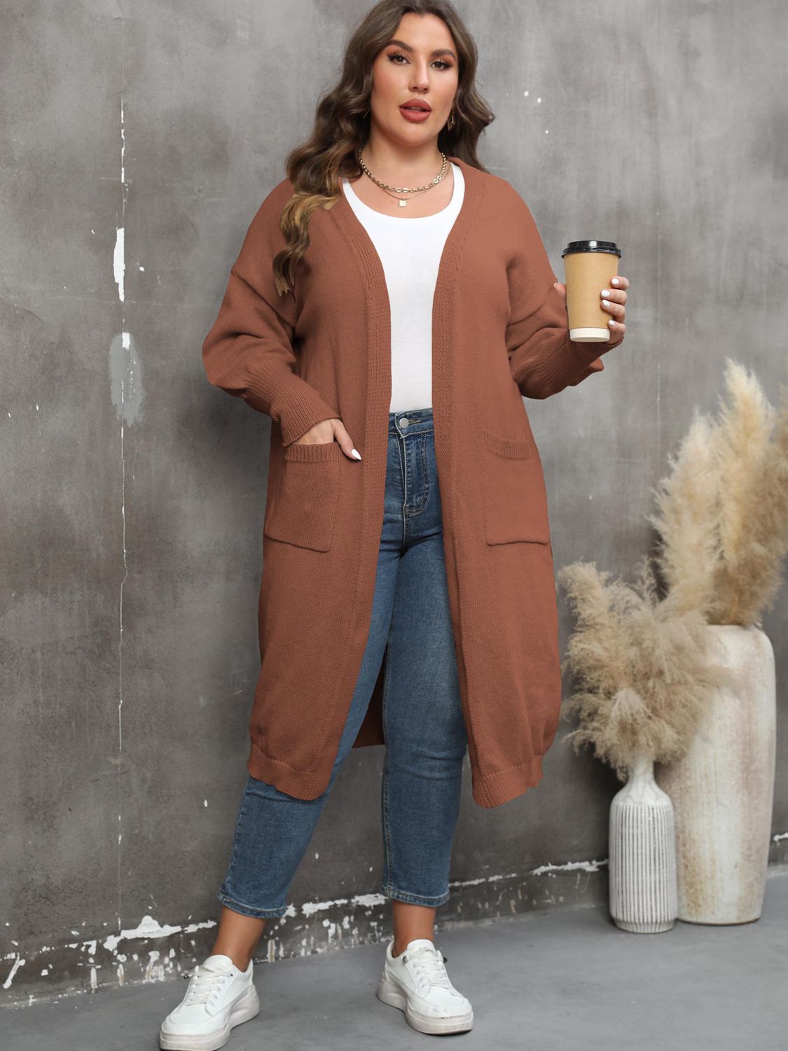 GR | Plus Size Langarm Taschen Cardigan
