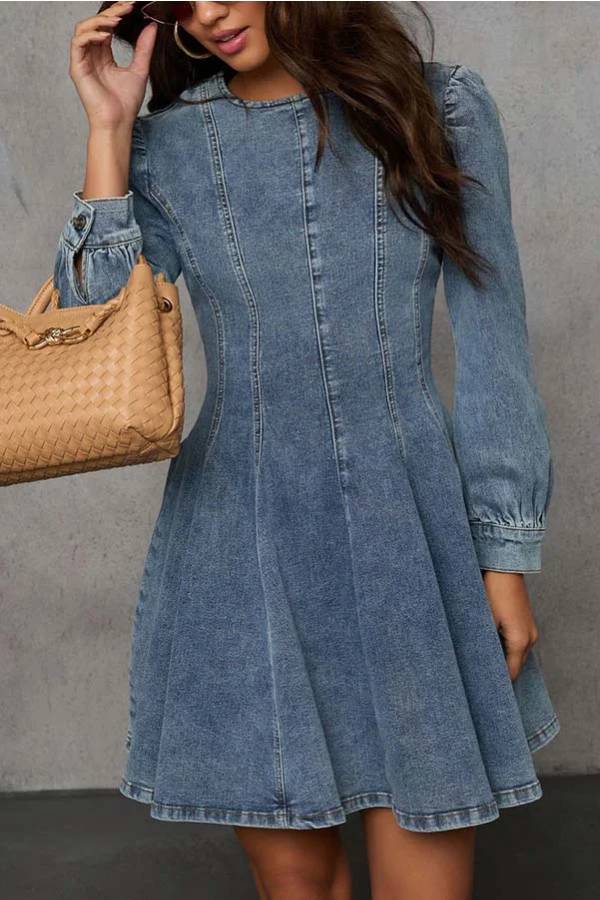 GR | Fade Into You Denim Prinzessinnenlinie Rückenreißverschluss Flare Stretch Mini Kleid
