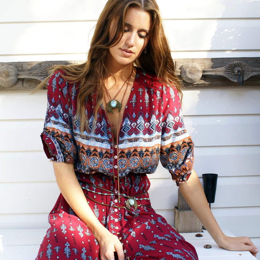 Women's viscose jumpsuit with colorful ethnic design and swing sleeves, size S